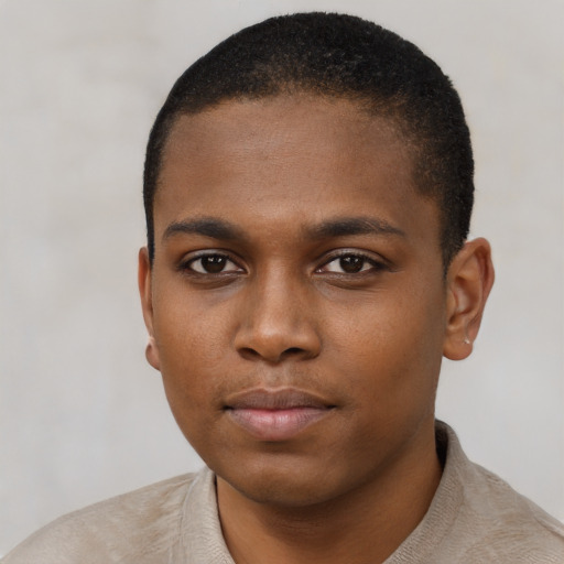 Neutral black young-adult male with short  black hair and brown eyes