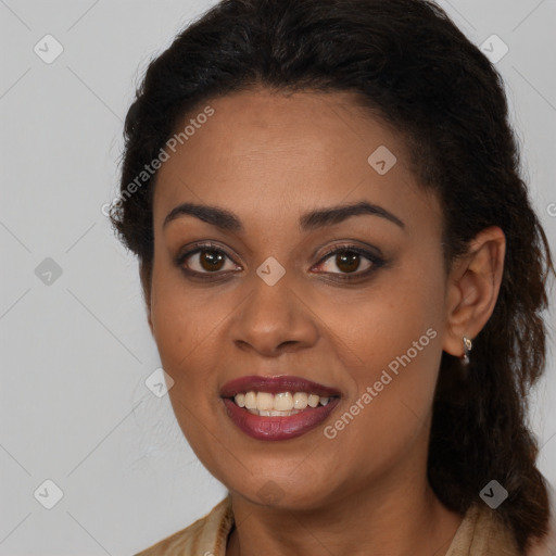 Joyful latino young-adult female with long  brown hair and brown eyes