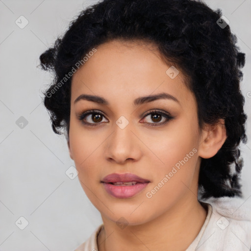 Joyful latino young-adult female with medium  black hair and brown eyes