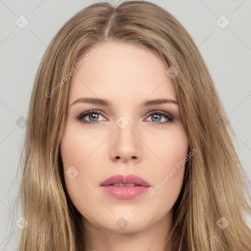 Neutral white young-adult female with long  brown hair and brown eyes