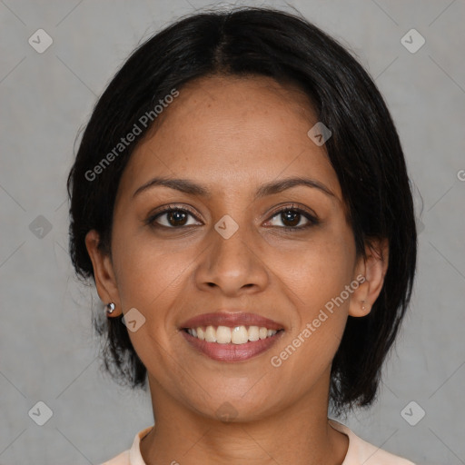 Joyful latino young-adult female with medium  black hair and brown eyes