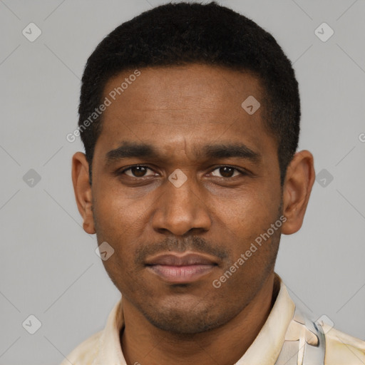 Neutral latino young-adult male with short  black hair and brown eyes