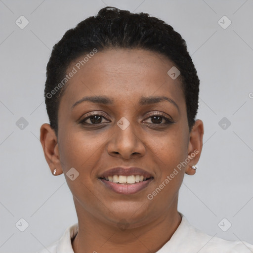 Joyful black young-adult female with short  black hair and brown eyes