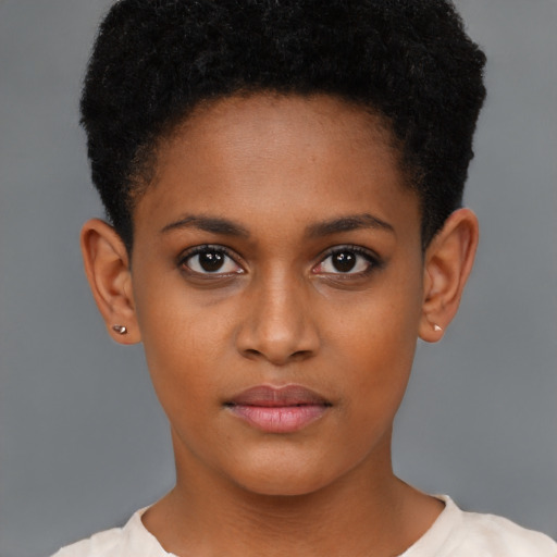Neutral black young-adult female with short  brown hair and brown eyes