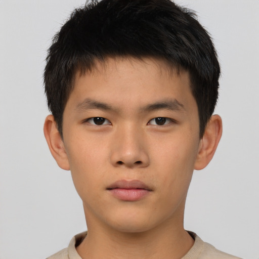 Neutral asian young-adult male with short  brown hair and brown eyes