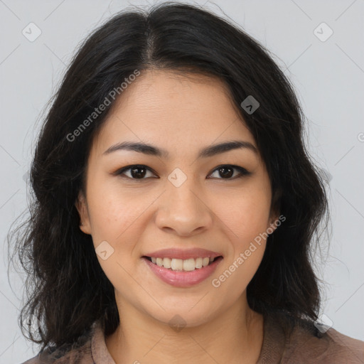 Joyful asian young-adult female with long  brown hair and brown eyes