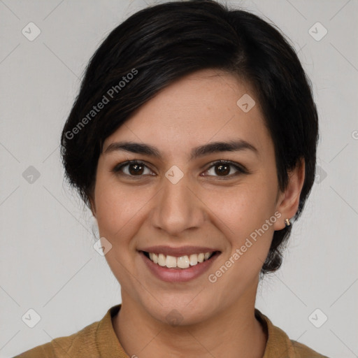 Joyful white young-adult female with medium  black hair and brown eyes