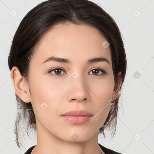 Neutral white young-adult female with medium  brown hair and brown eyes