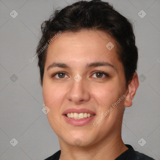 Joyful white young-adult female with short  brown hair and brown eyes