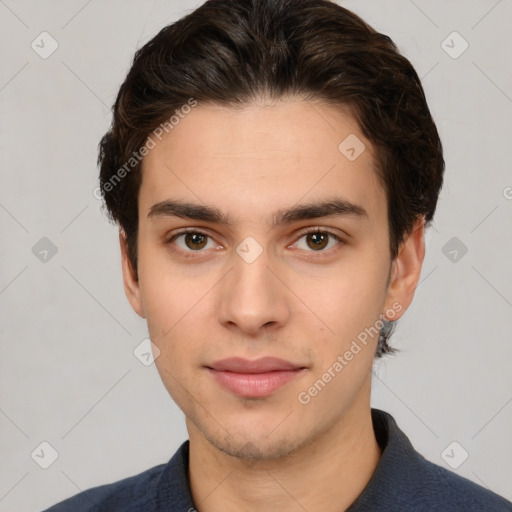 Neutral white young-adult male with short  brown hair and brown eyes