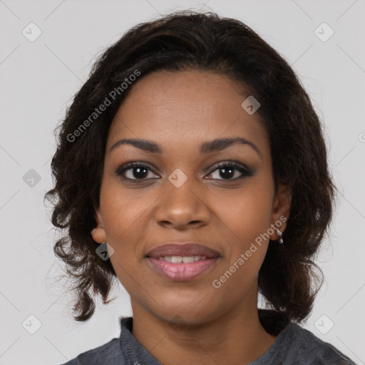 Joyful black young-adult female with medium  black hair and brown eyes