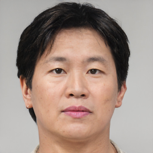 Neutral asian adult male with short  brown hair and brown eyes
