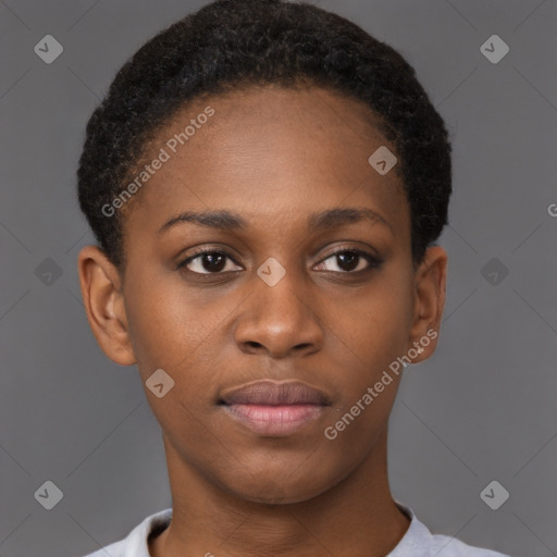 Neutral black young-adult female with short  brown hair and brown eyes