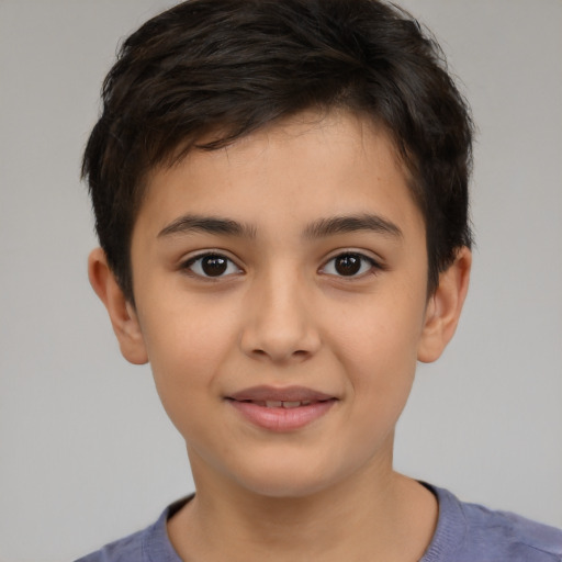 Joyful asian child female with short  brown hair and brown eyes