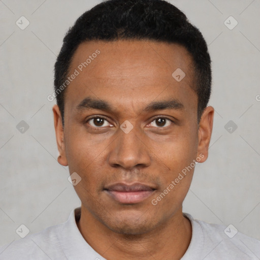 Neutral latino young-adult male with short  black hair and brown eyes