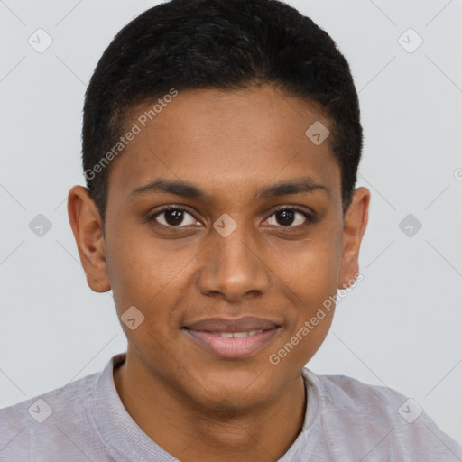 Joyful black young-adult male with short  brown hair and brown eyes