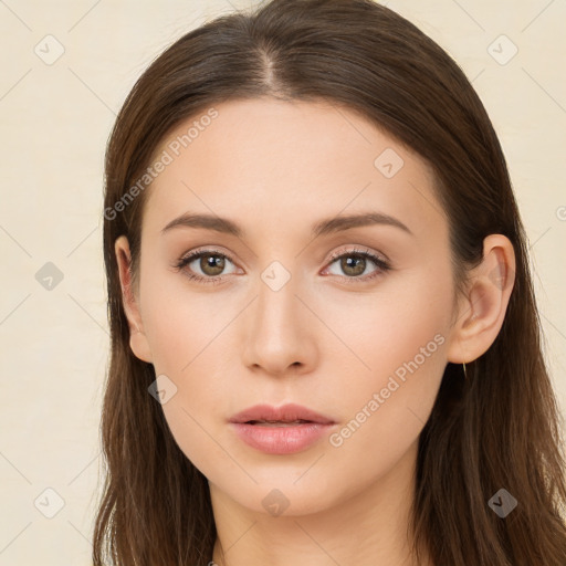 Neutral white young-adult female with long  brown hair and brown eyes