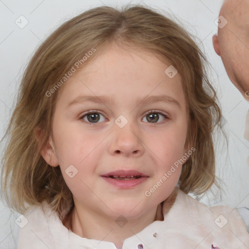 Joyful white child female with medium  brown hair and blue eyes