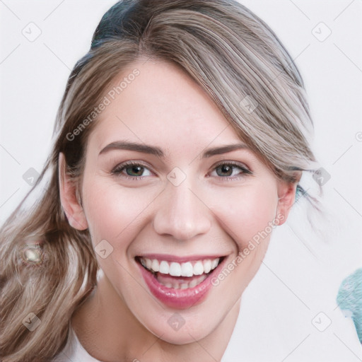 Joyful white young-adult female with medium  brown hair and blue eyes