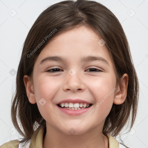 Joyful white child female with medium  brown hair and brown eyes