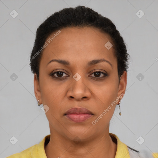 Joyful latino young-adult female with short  brown hair and brown eyes