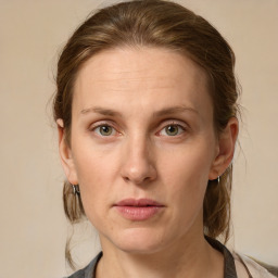 Joyful white adult female with medium  brown hair and grey eyes