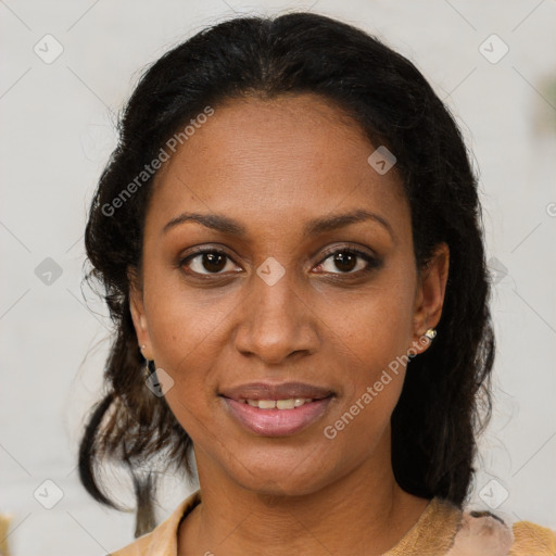 Joyful black young-adult female with medium  brown hair and brown eyes