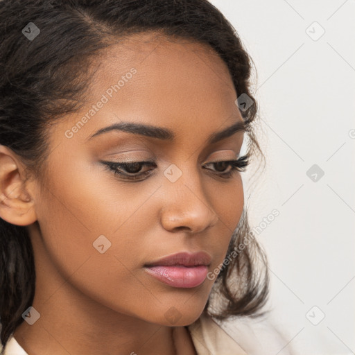 Neutral latino young-adult female with medium  brown hair and brown eyes