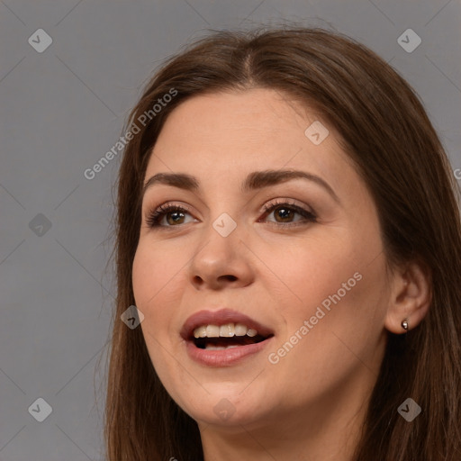 Joyful white young-adult female with long  brown hair and brown eyes