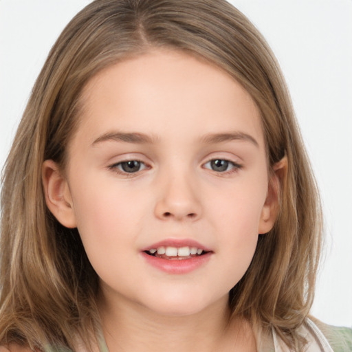 Joyful white child female with medium  brown hair and brown eyes