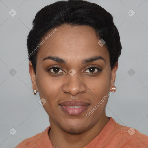 Joyful black young-adult female with short  black hair and brown eyes