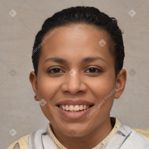 Joyful latino young-adult female with short  brown hair and brown eyes