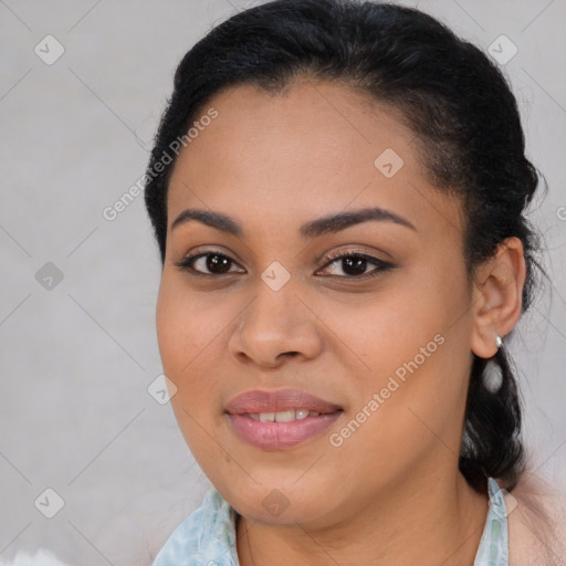 Joyful latino young-adult female with medium  brown hair and brown eyes