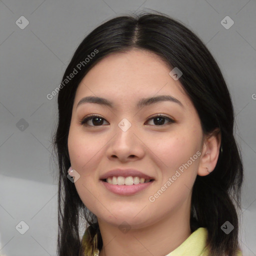 Joyful white young-adult female with medium  black hair and brown eyes