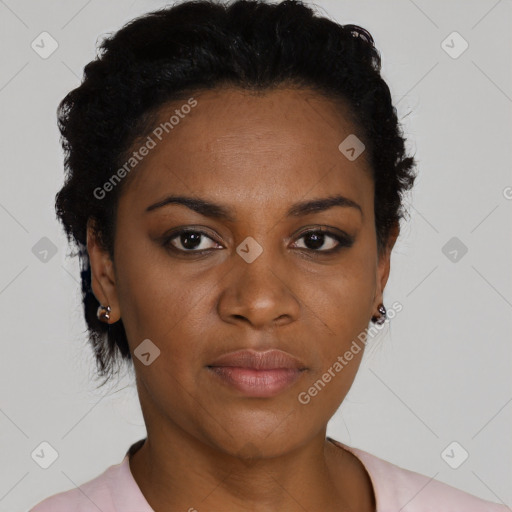 Neutral black young-adult female with short  black hair and brown eyes