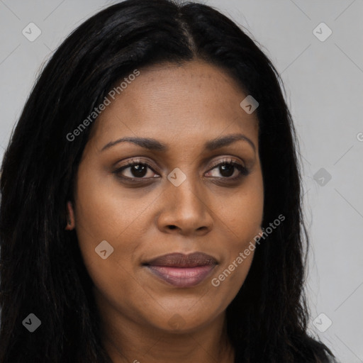 Joyful asian young-adult female with long  brown hair and brown eyes