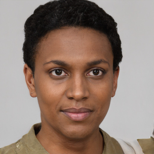 Neutral black young-adult female with short  black hair and brown eyes