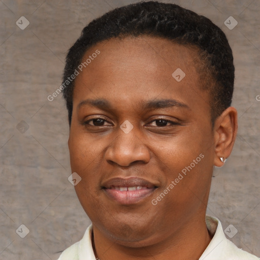 Joyful black young-adult female with short  brown hair and brown eyes