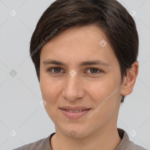 Joyful white young-adult female with short  brown hair and brown eyes