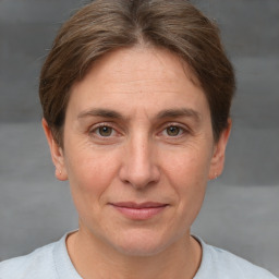 Joyful white adult female with short  brown hair and grey eyes