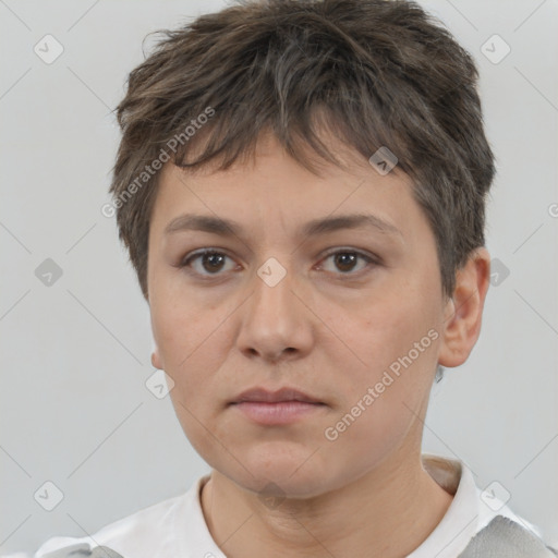 Neutral white young-adult female with short  brown hair and brown eyes