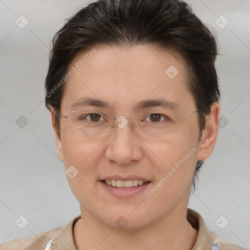 Joyful white adult female with short  brown hair and brown eyes