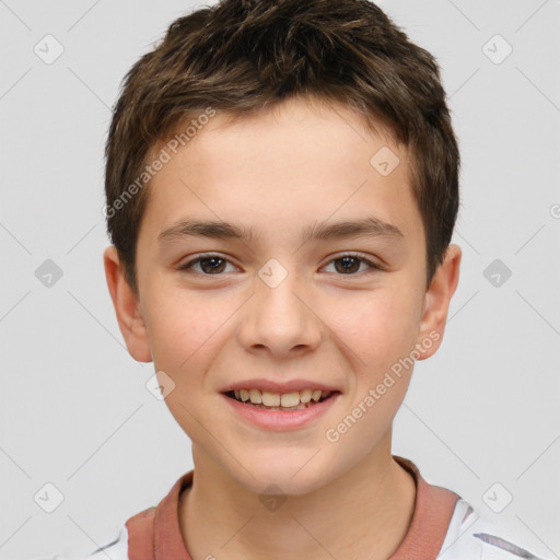 Joyful white child male with short  brown hair and brown eyes