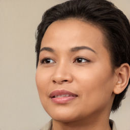 Joyful white young-adult female with medium  brown hair and brown eyes