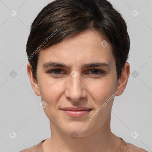 Joyful white young-adult female with short  brown hair and brown eyes