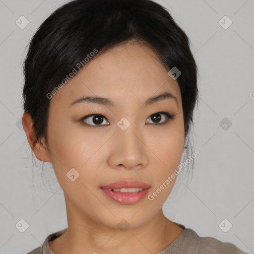 Neutral asian young-adult female with medium  black hair and brown eyes