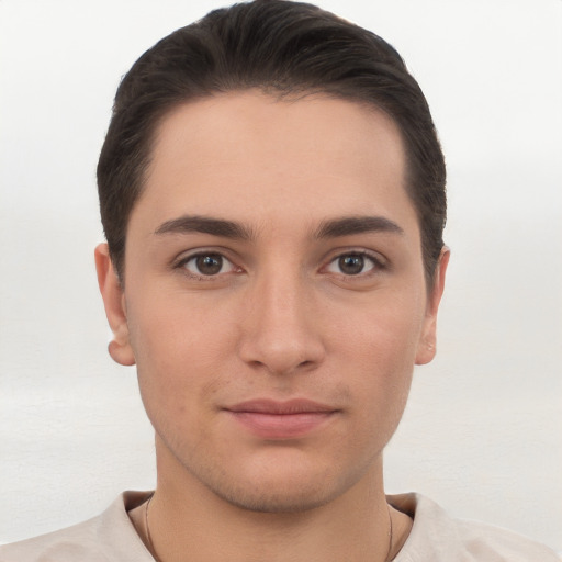 Neutral white young-adult male with short  brown hair and brown eyes