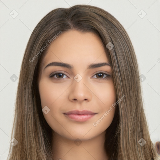 Neutral white young-adult female with long  brown hair and brown eyes