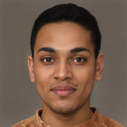 Joyful latino young-adult male with short  black hair and brown eyes