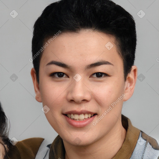 Joyful asian young-adult female with short  black hair and brown eyes